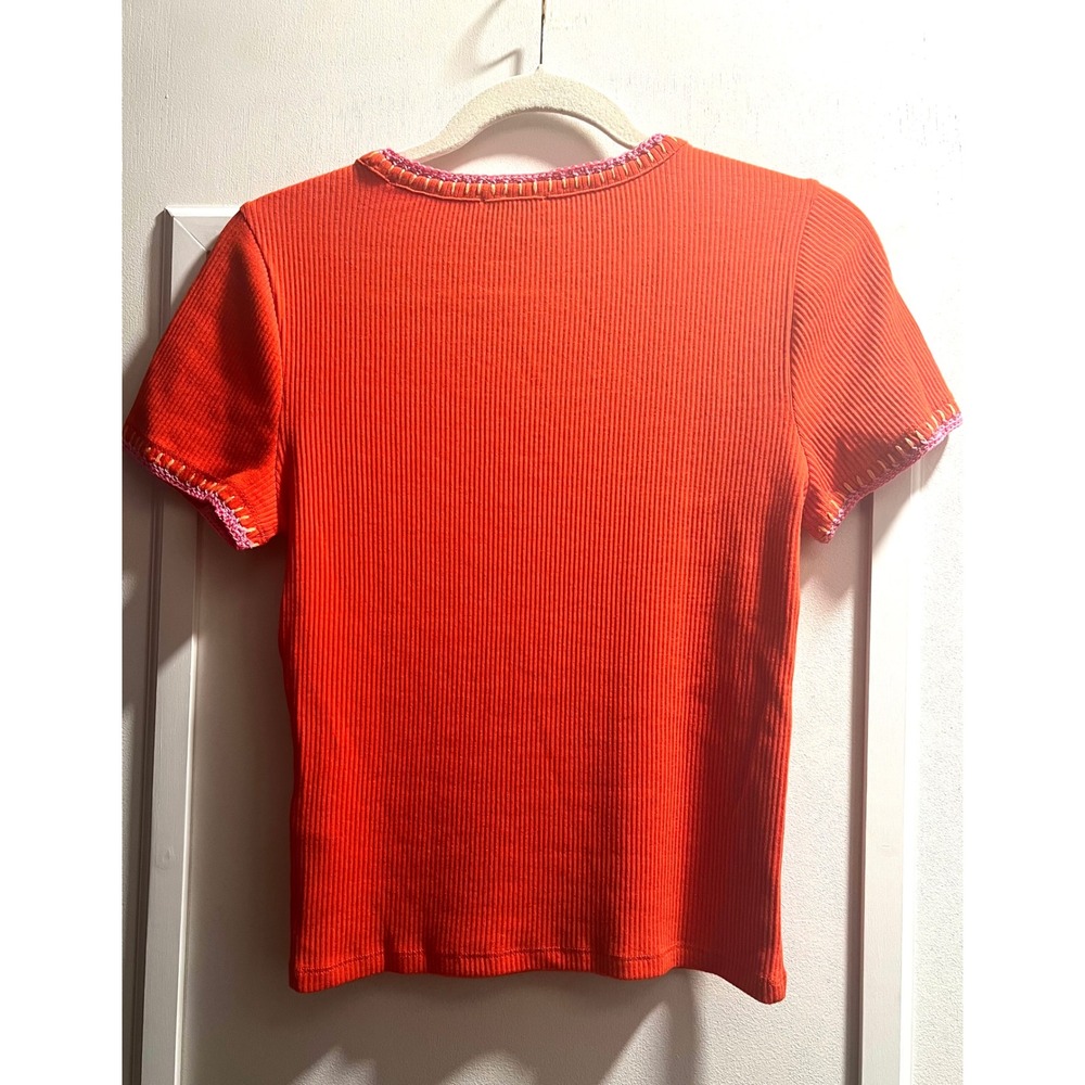 J.Crew Womens Orange Ribbed Short Sleeve Top Crochet Trim Crew Neck Medium NWT - Picture 6 of 6